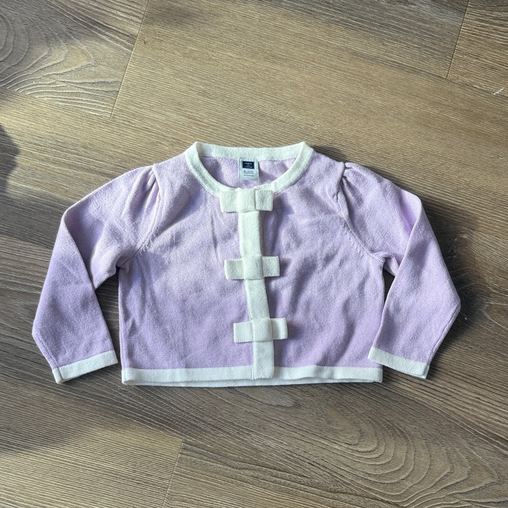Janie and Jack baby girl lilac cardigan with white trim and bow - 6-12m